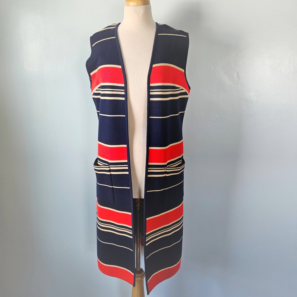 Vtg 60s Di Costa Wool Knit Vest Navy Red Stripe Open Front Mod Duster 14 FLAW